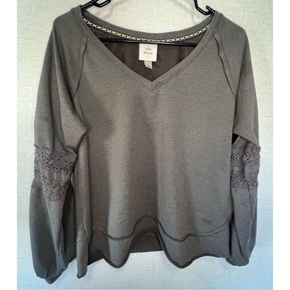 Knox Rose Long Sleeve V-Neck T-Shirt With Embroidery Detail On Sleeves - Picture 1 of 5